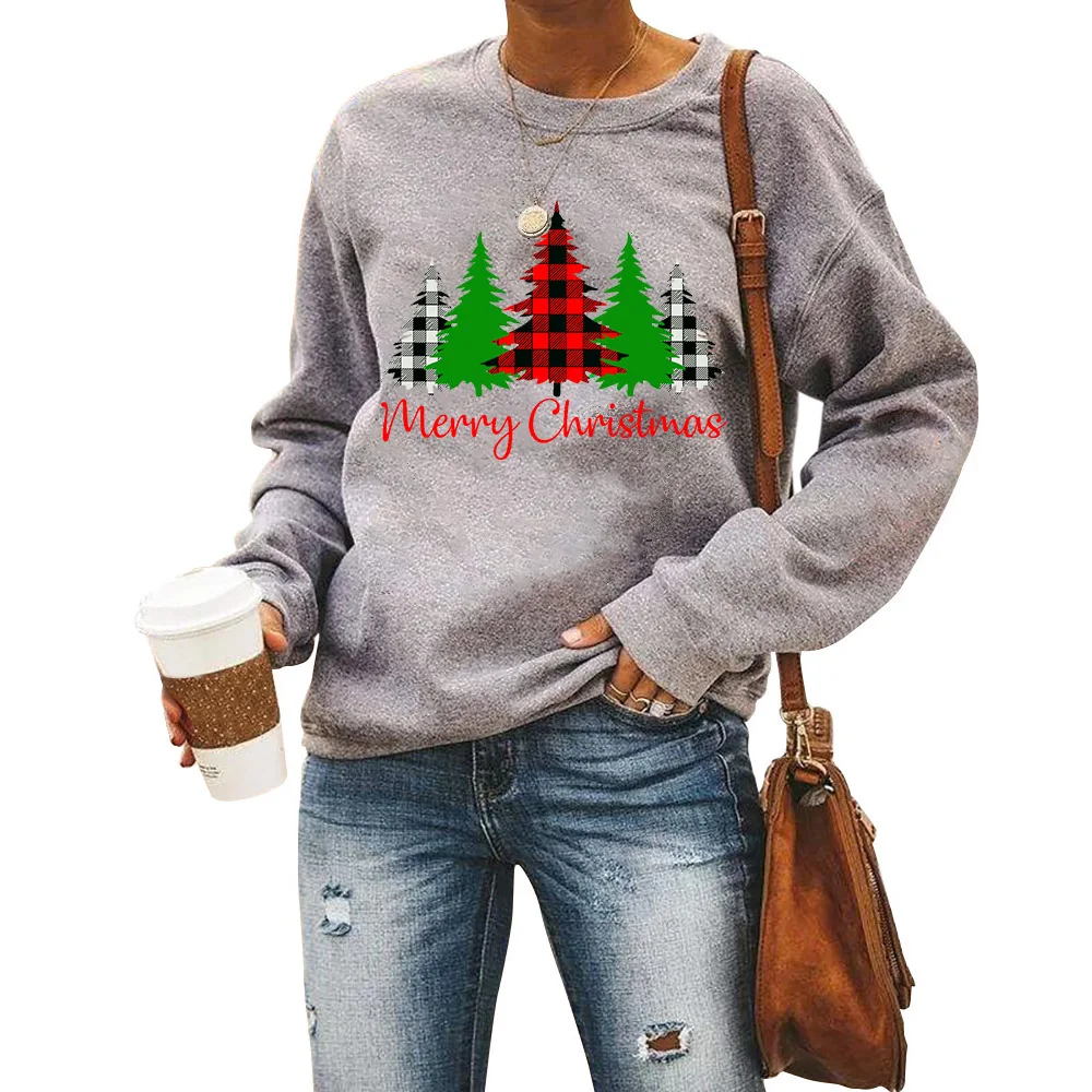 

Mary Christmas tree printed round neck long sleeve sweater