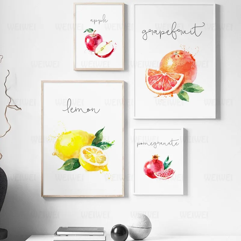 

Nordic Style Fruit Painting Wall Art Watercolour Pomegranate Mango Raspberry Pictures Canvas Poster Modern Home Decoration