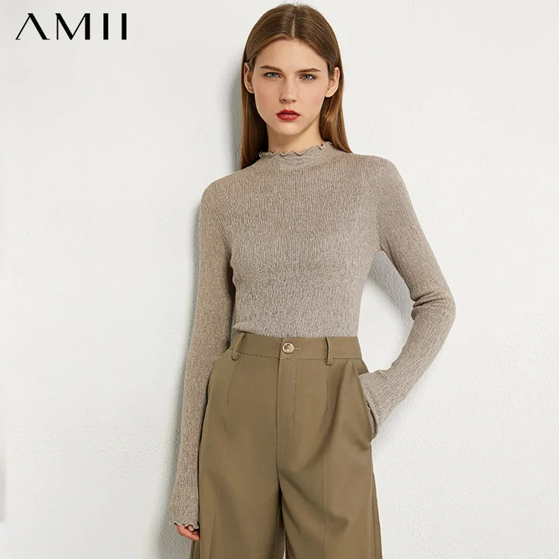 

AMII минимализм осенний Модный женский свитер однотонный плиссированный облегающий свитер с высоким воротом Женский пуловер Топы 12060102