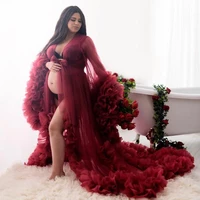 ruffles burgundy evening dresses v neck long sleeves sexy photography organza pregnancy dress 2021 custom made bow party gowns