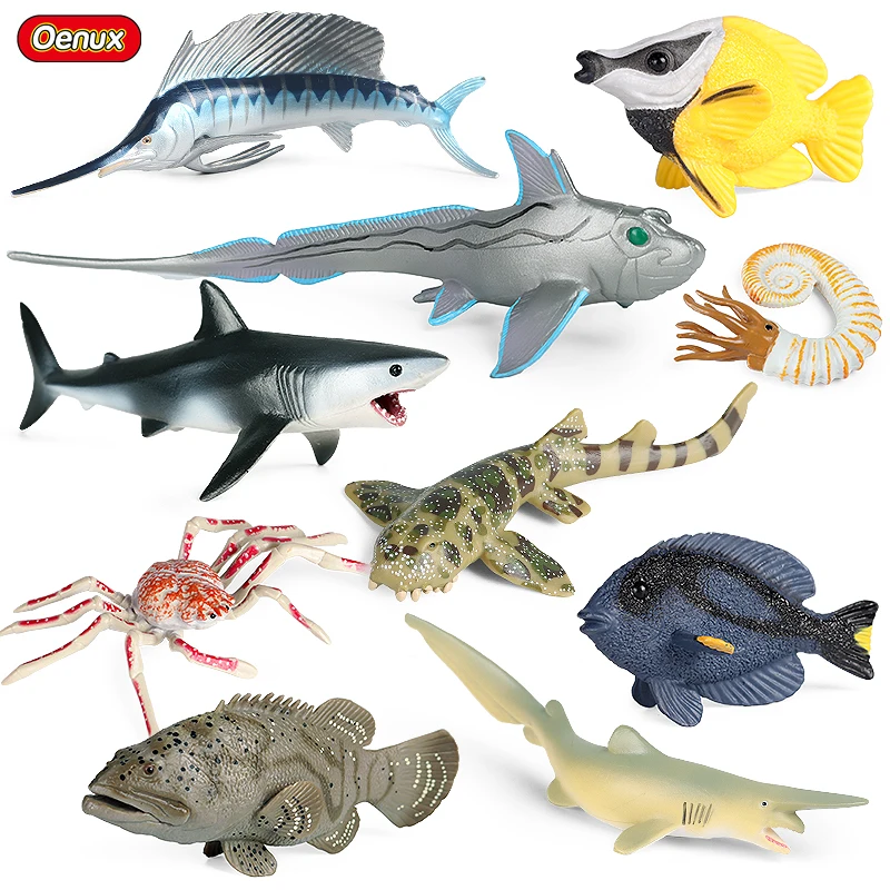 

Oenux Simulation 10PCS Ocean Crab Great Shark Nautilus Sea Life Animals Model Action Figures PVC Miniature Educational Kids Toys