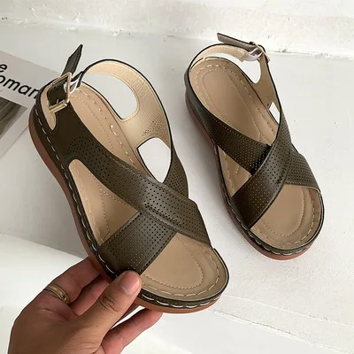 

thick-soled Sandals Slope heel Women's casual large-size women's shoes solid color women's sandals