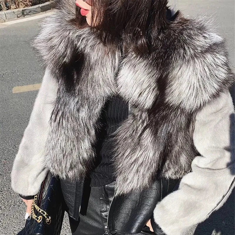

FURSARCAR 2020 New Natural Silver Fox Fur Jacket With Collar Winter Women Mink Fur Sleeve Sheep Skin Genuine Leather Coat
