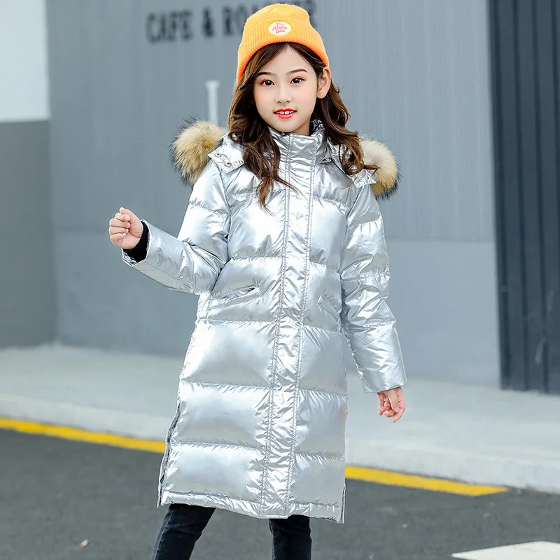 Children Shiny Silver Down Coats for Girls Winter Clothes Teenager Girls Outwear Long Down Jacket Real Fur Hooded Plush Jacket
