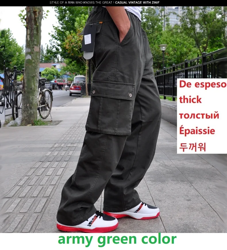 thick army green Зимние мужские хлопковые плотные брюки-карго с карманами на молнии, большие размеры, 8XL, 10XL, 9XL, 140 кг, повседневные штаны в стиле сафари, черные, 48 - Цвет: thick army green