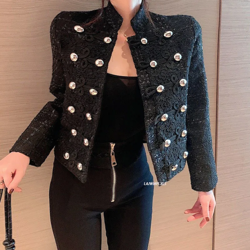

2021 New Fashion Designer Women Elegant Vintage Stand Collar Long Sleeve Button Deco Wool Blends Tweed Jacket Outwear