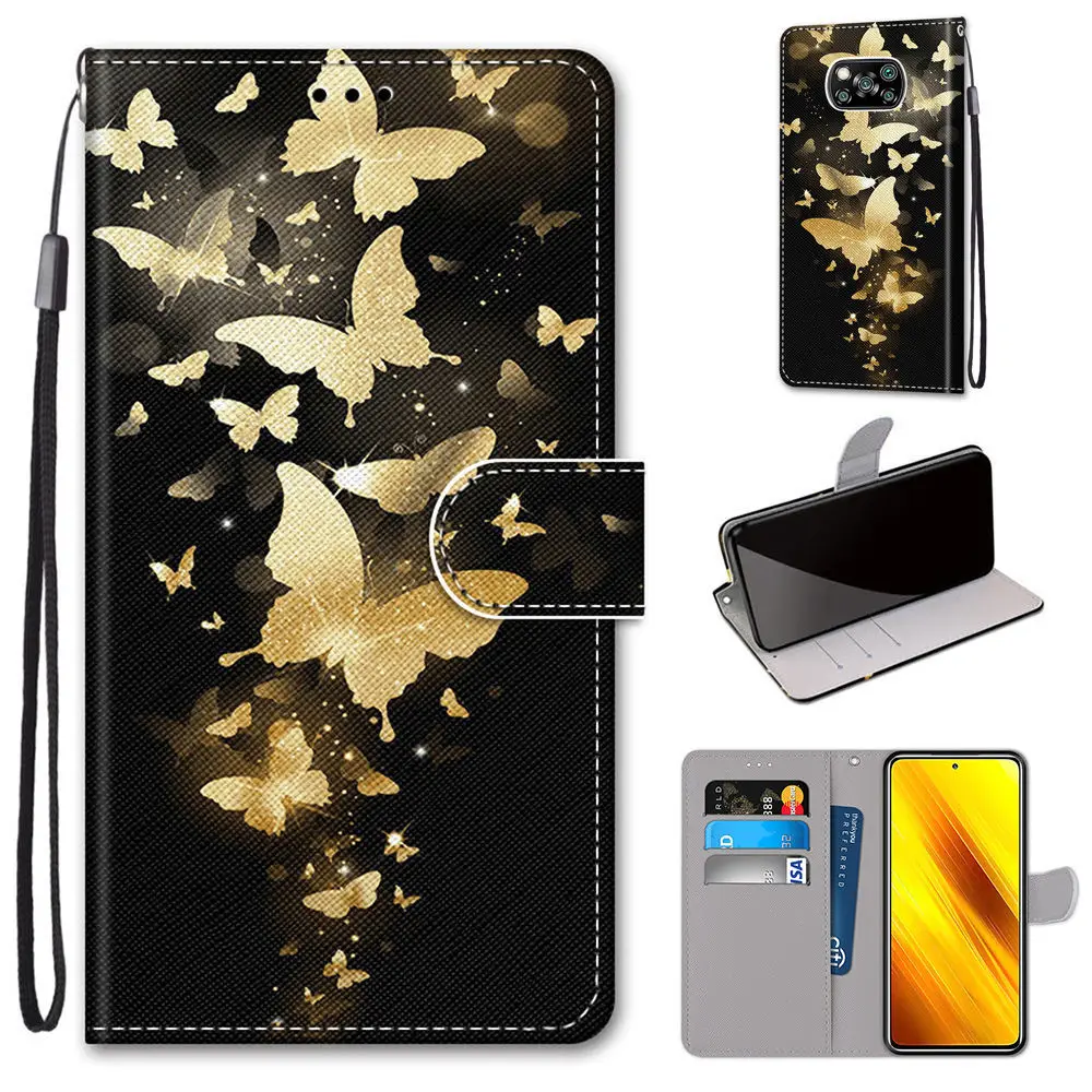leather flip phone case for xiaomi poco x3 nfc pro m3 f3 flower cute cat painted wallet card holder stand book cover butterfly free global shipping