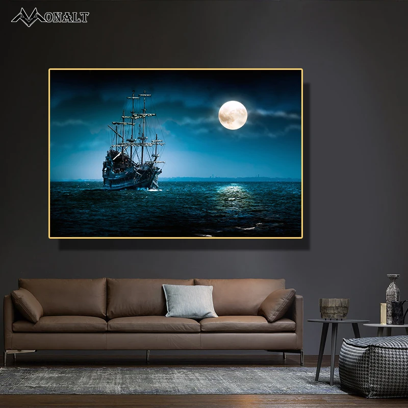 Художественное полотно Луна корабль парусный по морю современное искусство для