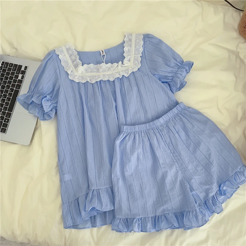 

CBAFU 100% cotton pajama set women 2 piece set sleepwear summer home suit blue polka dot lacework tops shorts ruffles sweet M752