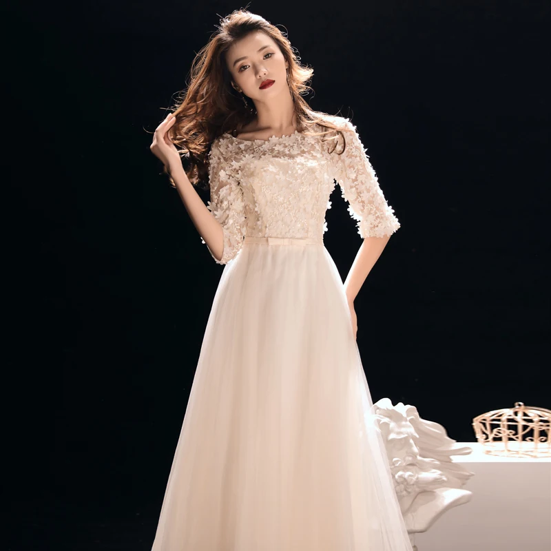 

2021 New Elegant Flowers Lace Evening Dresses Long A-Line Half Sleeve Evening Gown Backless Female Formal Dress Party Prom Dress