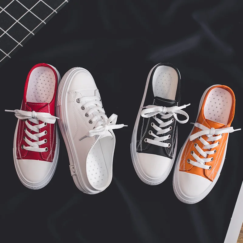 Женские парусиновые туфли белые полубосоножки на плоской подошве без застежки