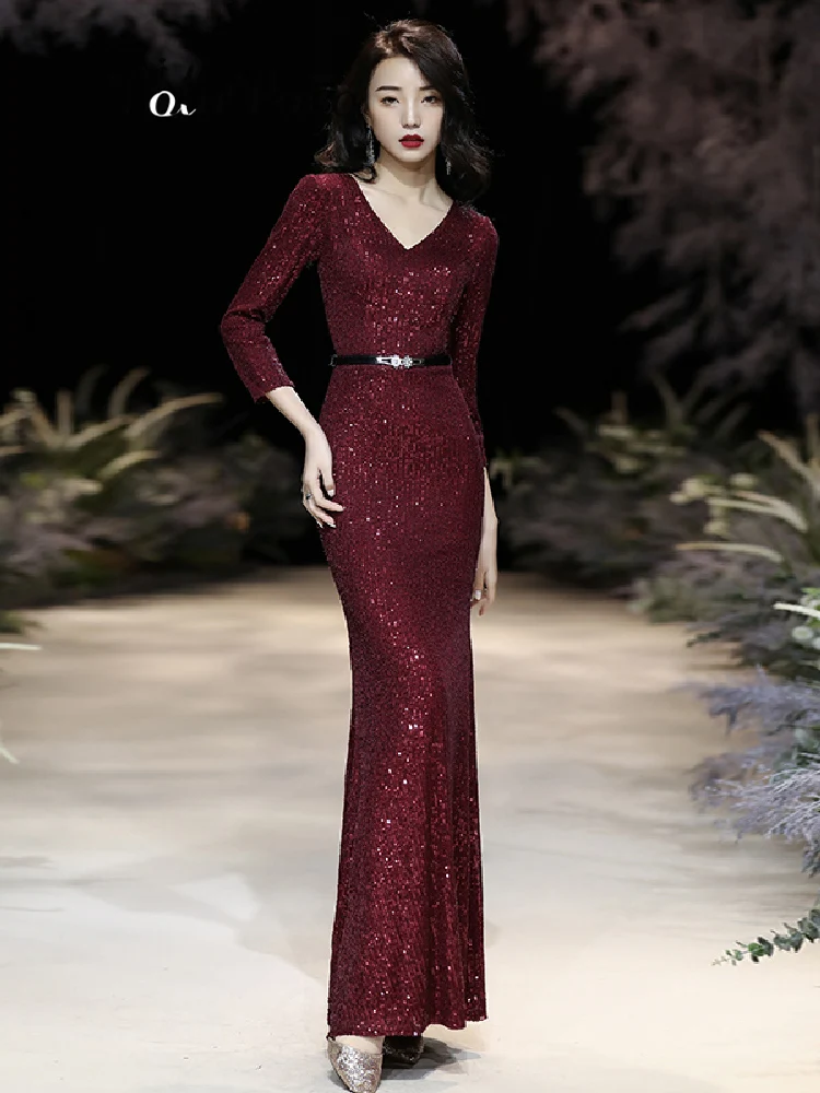

Wine Red Mermaid Evening Dresses With 3/4 Sleeves Elegant V-Neck Floor-Length Sequin Women Prom Gowns Long 2022