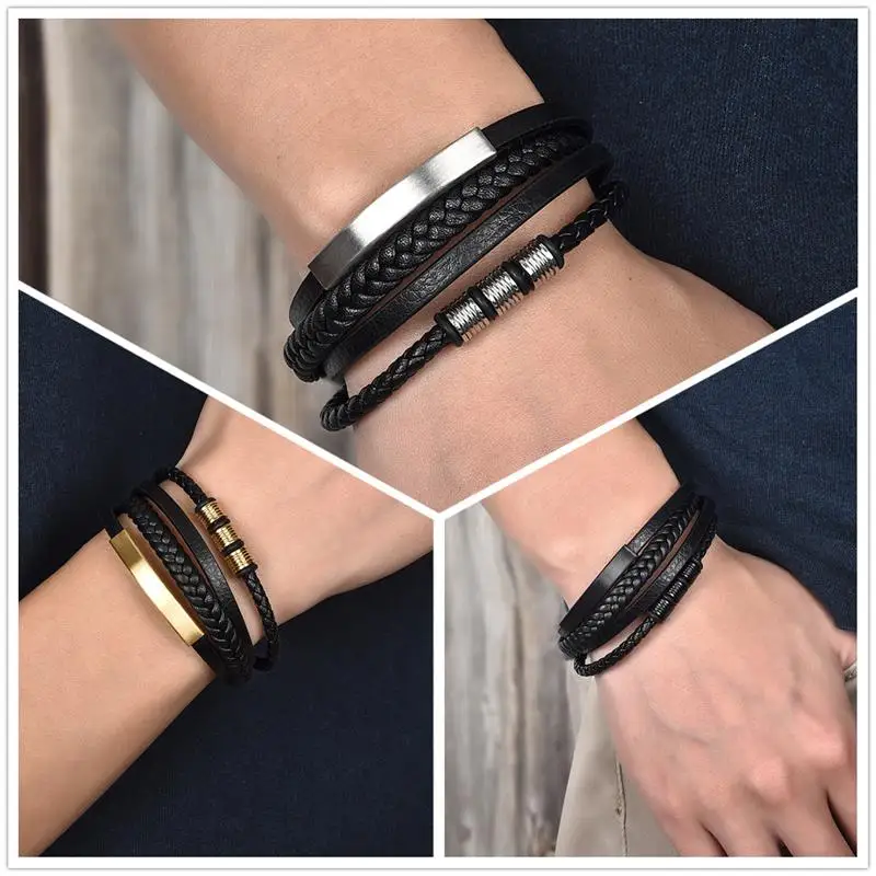 

2021 New Style Hand-woven Multi-layer Combination Accessory Stainless Steel Men's Leather Bracelet Fashion Man Jewelry Wholesale