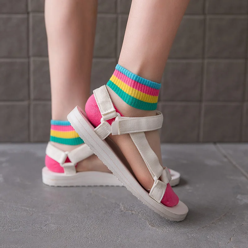 Модные прозрачные радужные короткие носки в стиле Ins женские летние тонкие до