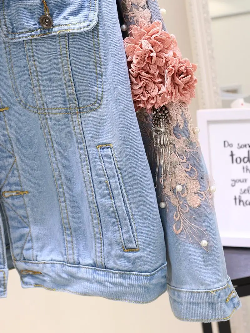 

Autumn Korean Style 2020 Beaded Embroidery Coat Streetwear Female Long Sleeve Denim Jacket Women Tops