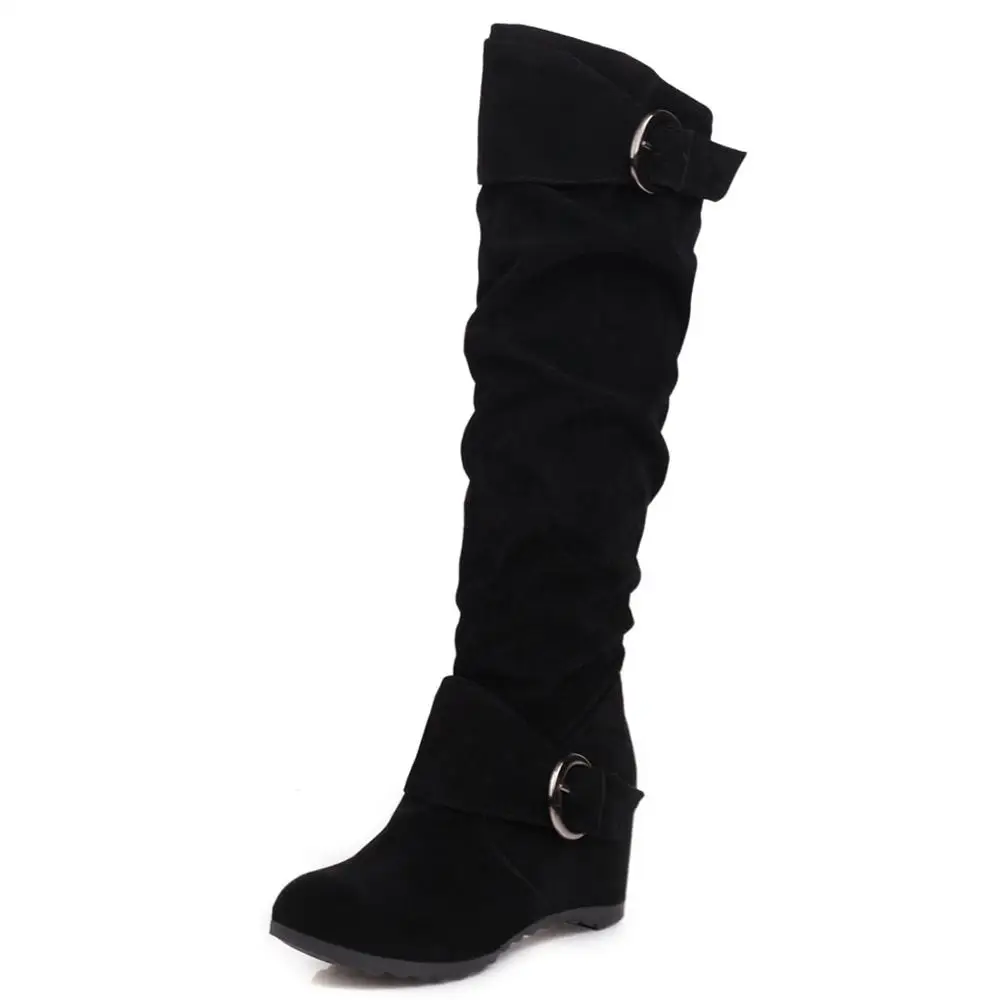 

Универсальные Нескользящие износостойкие сапоги до колена из флока ТПР с ремнем и пряжкой винно-красные плюшевые саги на танкетке Утепленн...