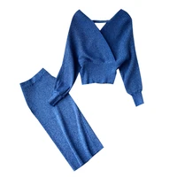 womens high waist bright silk knit bag hip skirt two piece fashion v neck sweater bat sleeve two piece womens sets