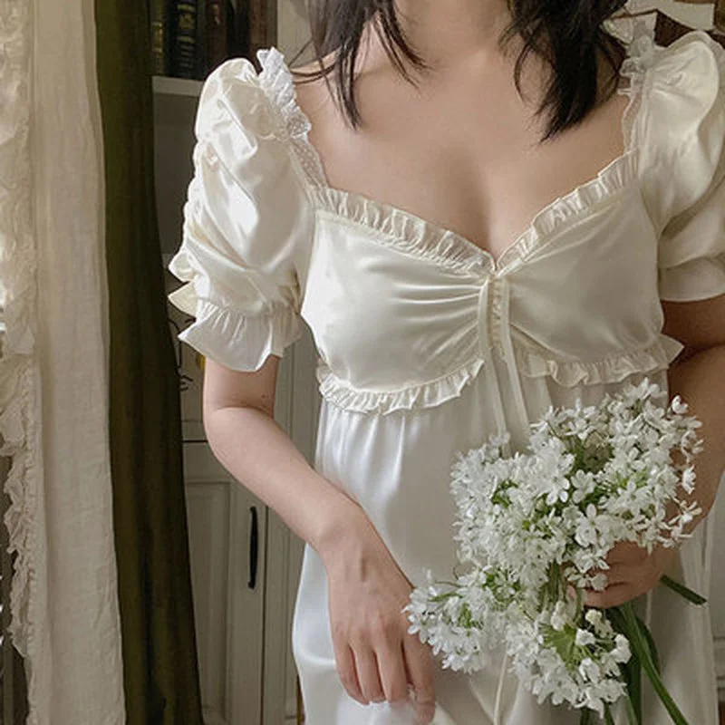 Ночная рубашка в стиле принцессы одежда для сна Женская Летняя шелковая