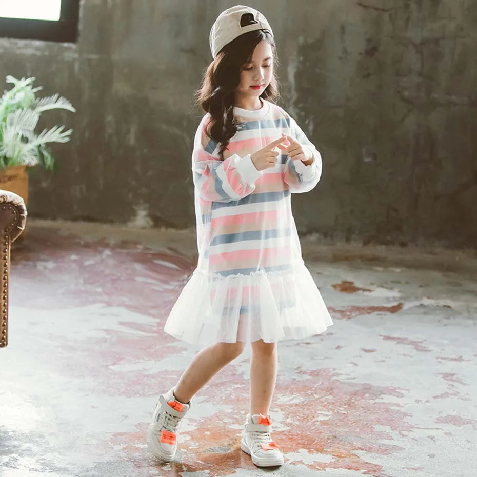 Dresses For Girls Letter Print Party Dress O-Neck Children Mesh Fall Winter Casual Children's Costumes | Детская одежда и