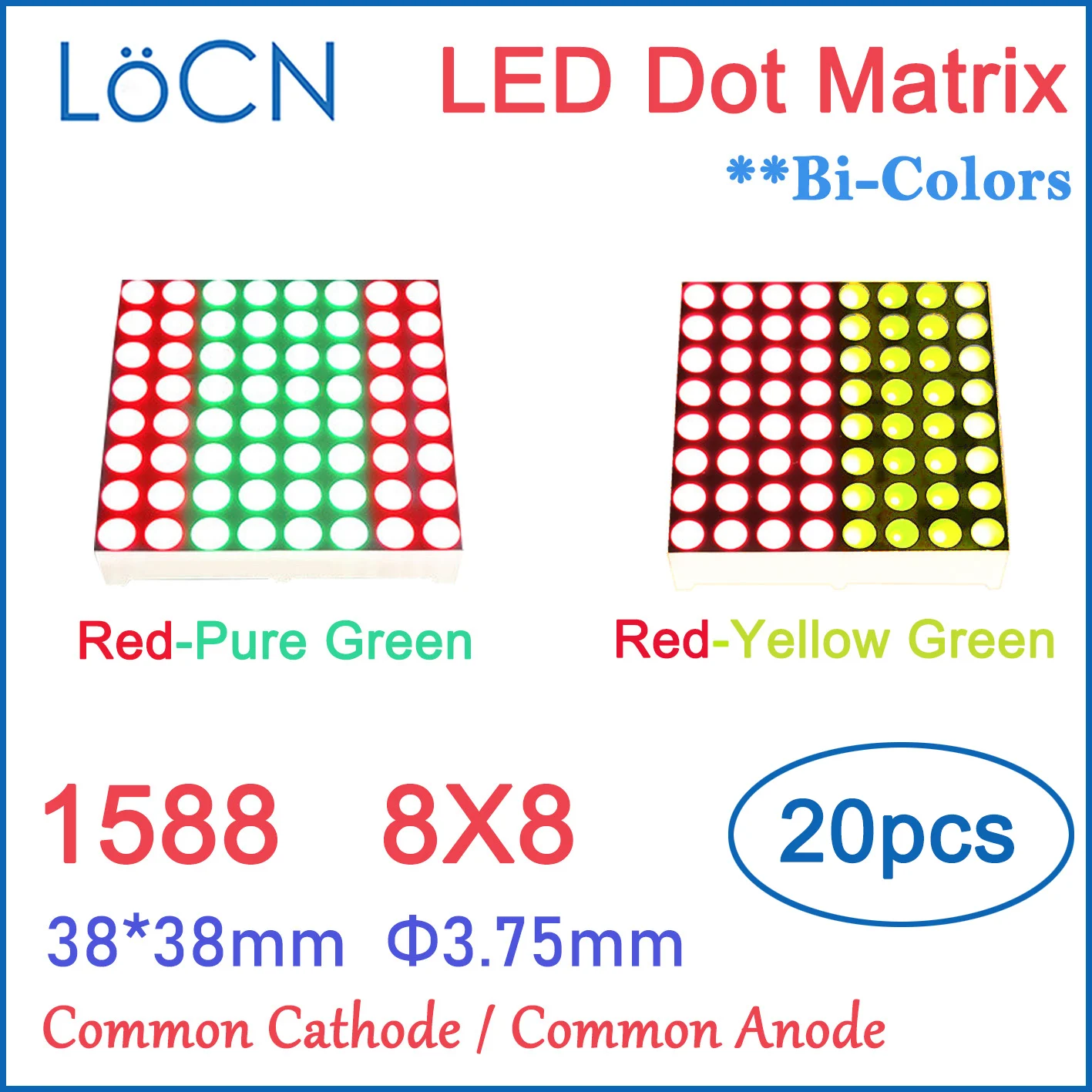

8x8 8*8 3.75mm LED Dot Matrix Display YELLOW PURE GREEN Module Common Cathode Anode 38*38mm diy digital tube 3mm 1588 bi 2 color