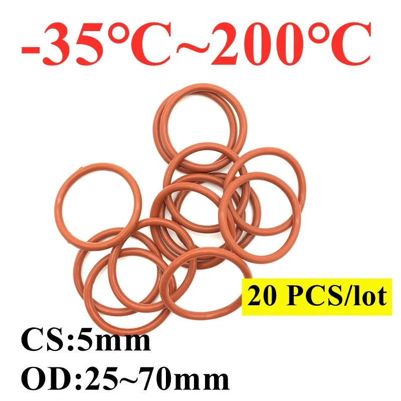 

20pcs Red VMQ Silicone O Ring CS 5mm OD 25mm ~ 70mm FoodGrade Waterproof Washer Rubber Insulated Round Shape Seal Gasket