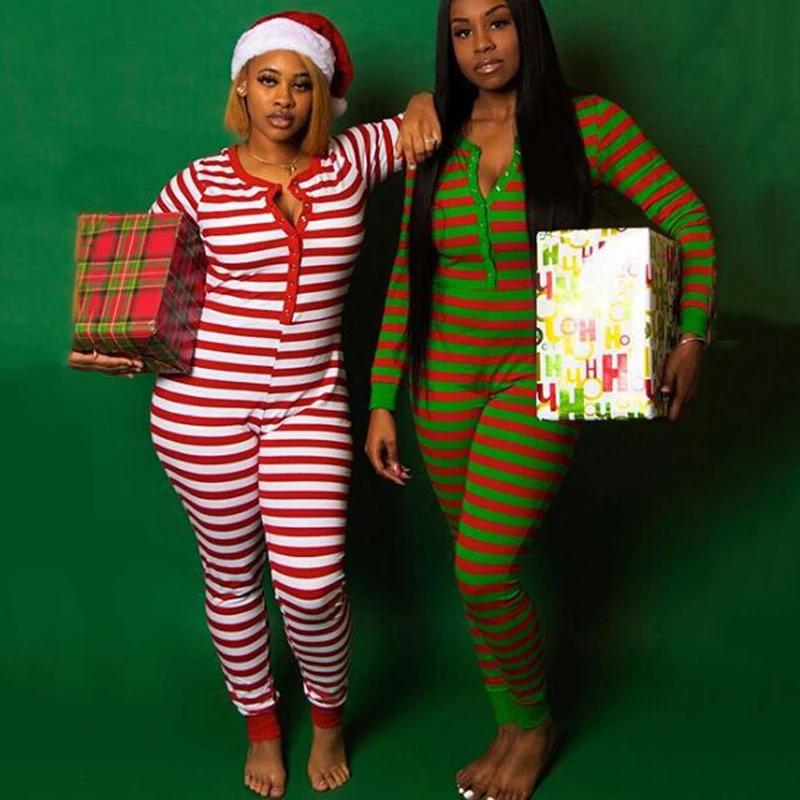 

Christmas Pajamas Set Red Strip Homewear For Woman Green Jumpsuit Winter Autumn