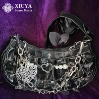 xiuya harajuku gothic shoulder bag women 2021 vintage cross clip pearl chain goth bag pleated dumplings handbag woman clutch