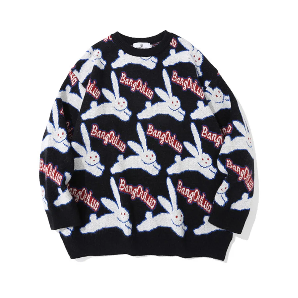 

SEVEYFAN Men's Cartoon Rabbit Jacquard Sweater Fashion Loose Cotton Pullover Knitwear for Couples