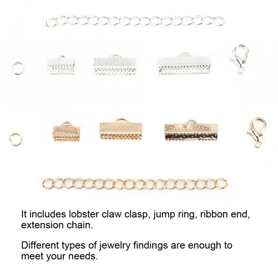 Metal Jewelry Findings Making Ribbon Ends Jump Rings Lobster Clasp Extension Chain Set with Box Accessory | Украшения и