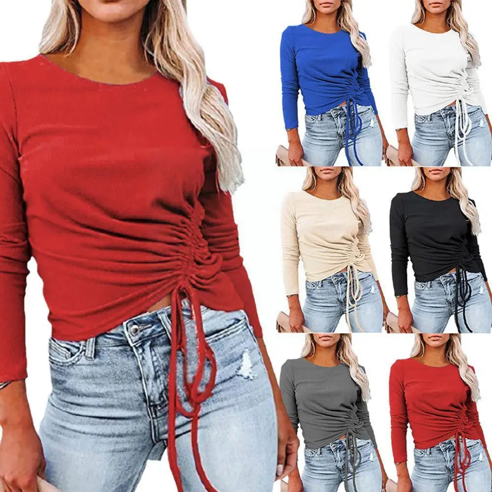 

2021 Fashion T-shirt Ladies Long Sleeve T-shirt Ribbed Long Round Tops Neck Casual Drawstring Color Sleeve S4r8