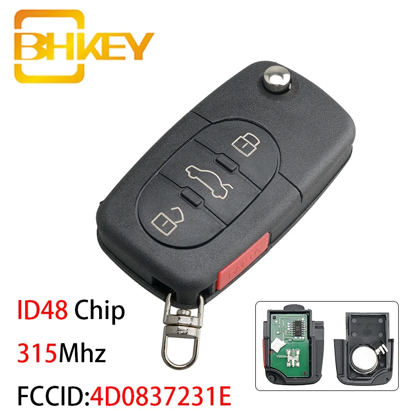 

3 + 1 4 кнопки дистанционный Автомобильный ключ BHKEY для Audi A4 A6 A8 TT откидной ключ для автомобиля ID48 чип 315 МГц 4D0837231E для ключей Audi