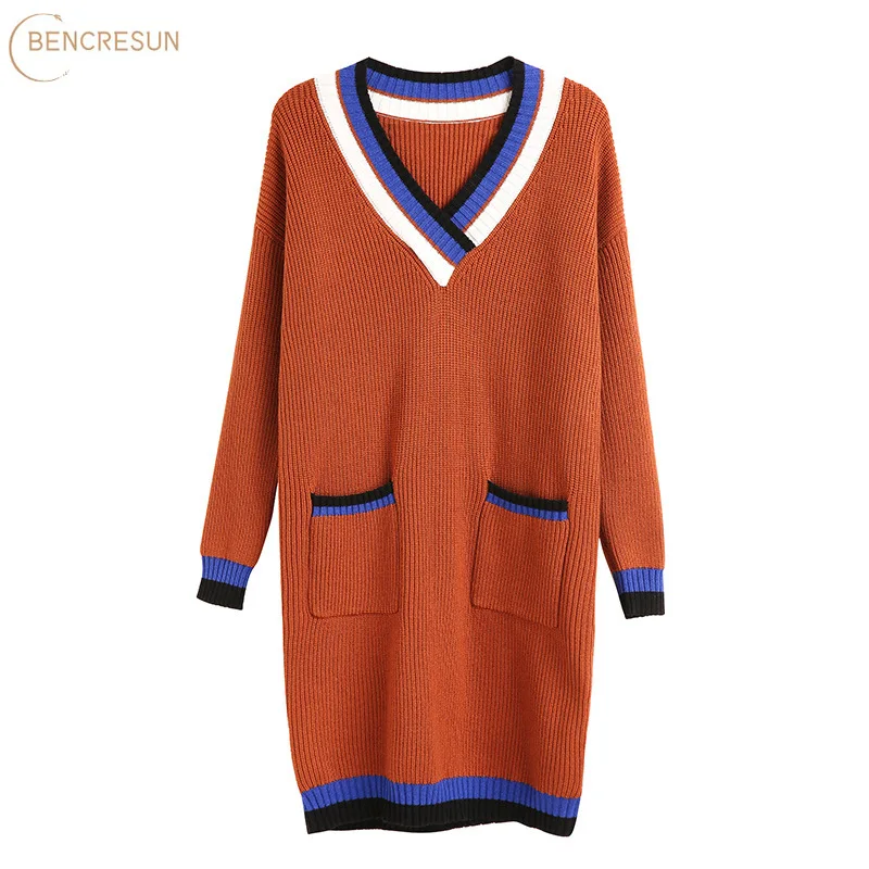 

Women Korean Loose Knitted Dress Long Sleeve V Neck Pocket Elastic Pullover Mini Sweater Dresses Autumn Sexy Straight Dress Lady