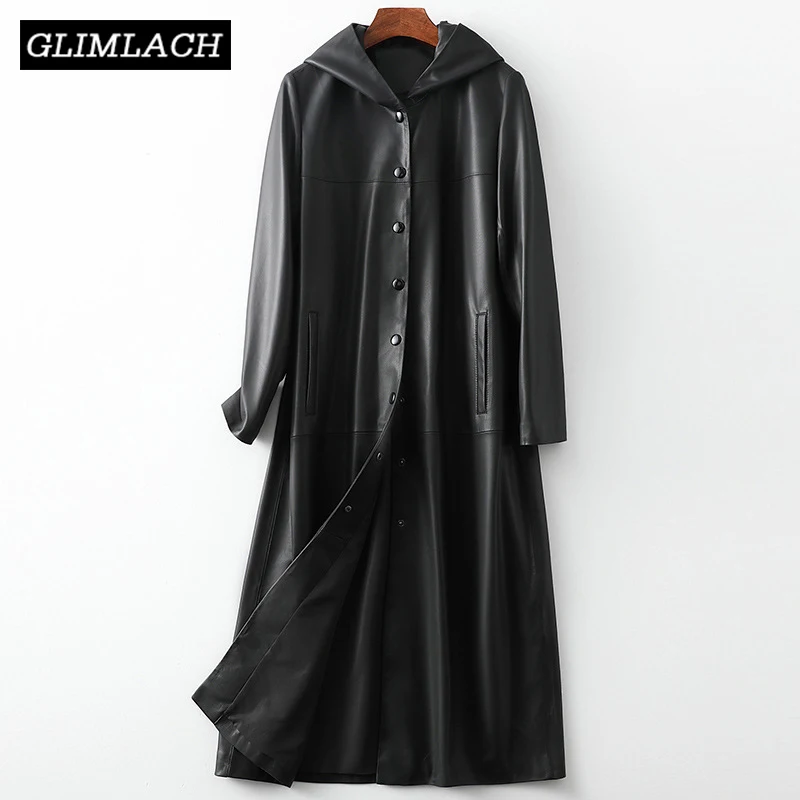 

2021 New Office Lady Genuine Leather Long Jacket Women Hooded 100% Lambskin Real Leather Windbreaker Coat Black Trench Overcoat