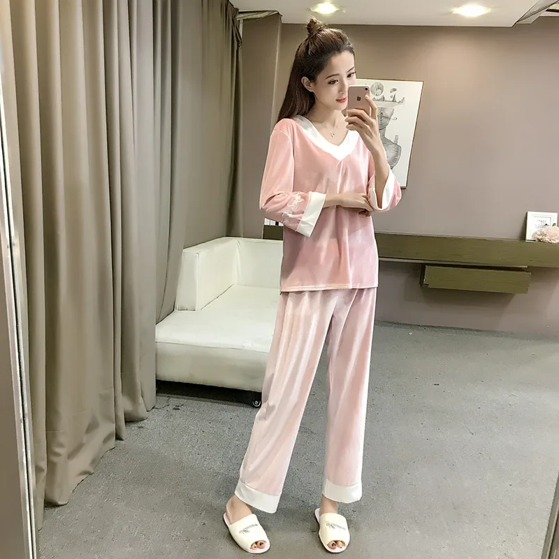 Женский бархатный пижамный комплект элегантная Весенняя Пижама с V образным