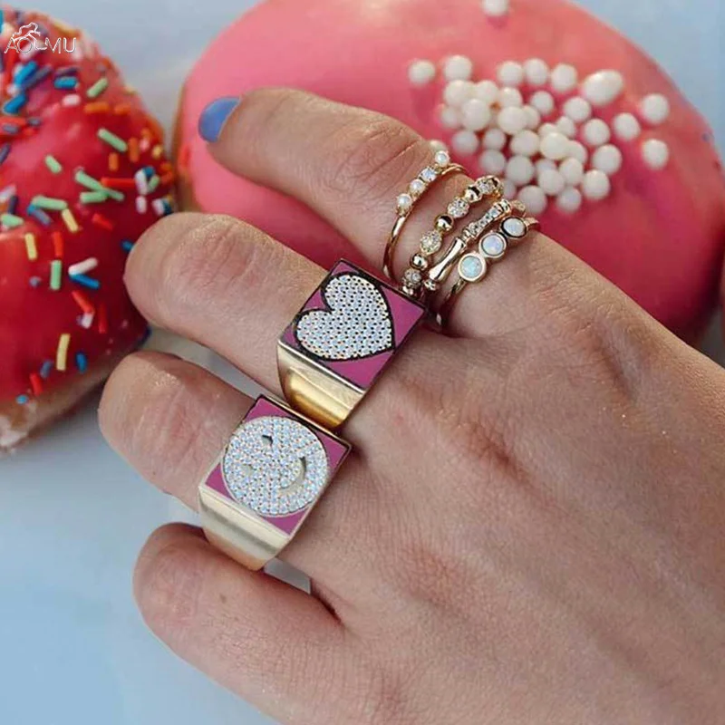 AOMU, новинка, Преувеличенные эмалированные геометрические кольца, хрустальные стразы, кольца в форме сердца для женщин, Модный Ювелирный Набор