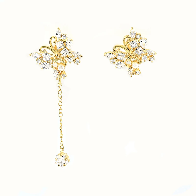 

GS 925 Sterling Silver White Zircon CZ Butterfly Mismatched Earrings For Women Delicate Long Chain Tassel Ear Studs Jewelry