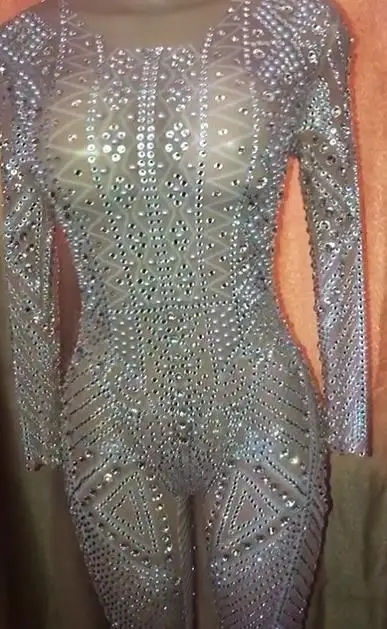 Женский сетчатый Прозрачный блестящий боди Стразы комбинезон с длинным рукавом