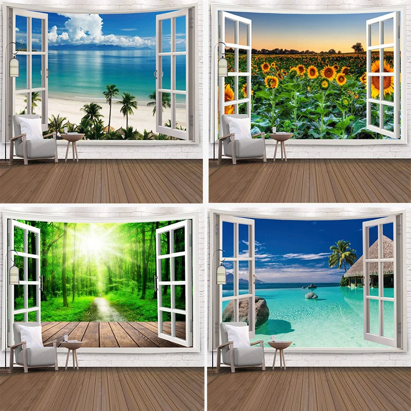 

Nordic Natural Scenery Wall Tapestry Style 3 Bedroom Background Cloth Art Decoration Wall Hanging Boho Murals Window View Tablec