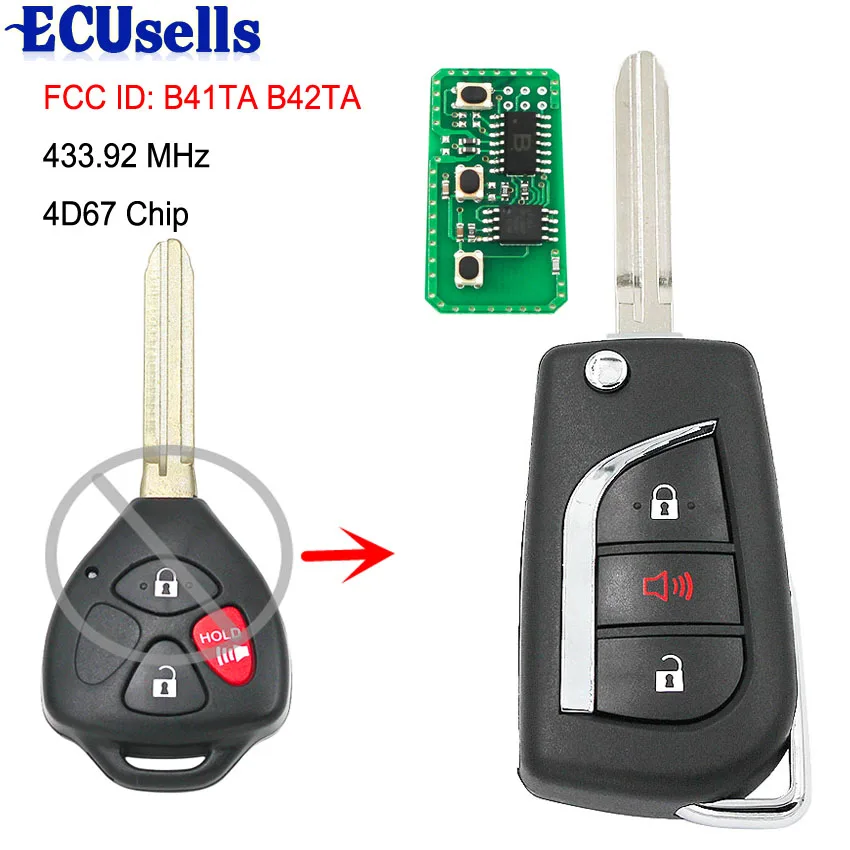 Обновленный Флип дистанционный брелок для Toyota Camry Corolla Hilux 3 кнопки 4D67 чип 433,92 МГц FCC ID: B41TA B42TA