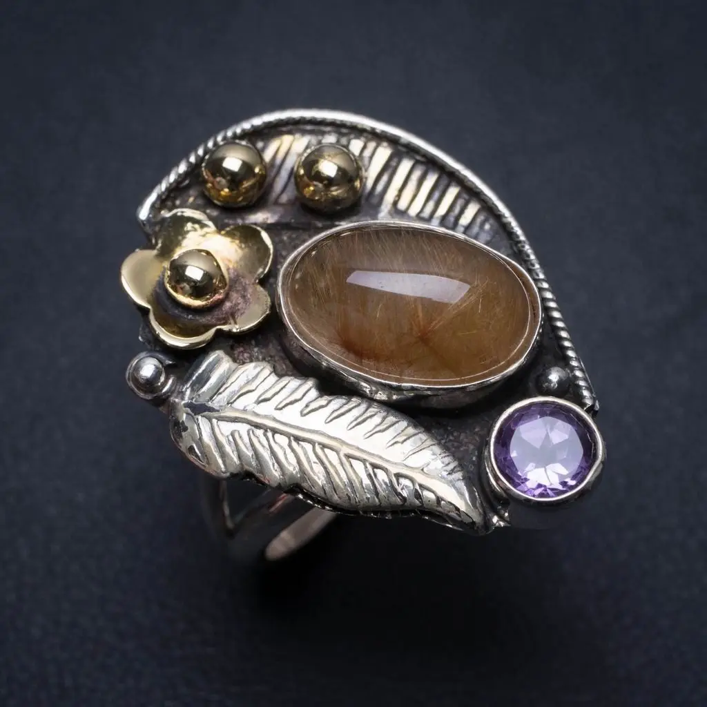 Натуральный Золотой рутиловый кварц и Аметист мексиканское 925 пробы Серебряное