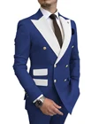 SOLOVEDRESS новый мужской костюм Королевский синий тонкий двубортный белый модный костюм с лацканами для жениха лучший мужской свадебный костюм (Блейзер + брюки) SX