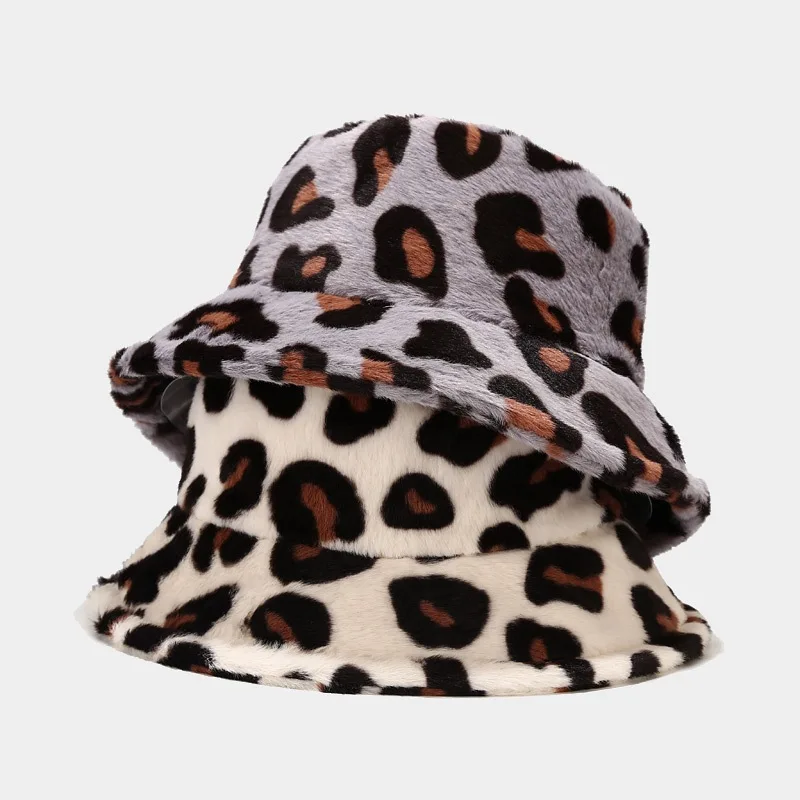

Fashion Winter Leopard Faux Fur Bucket Hats For Women Girl Cow Print Plush velvet Warm Panama Black White Fisherman Hats Bob
