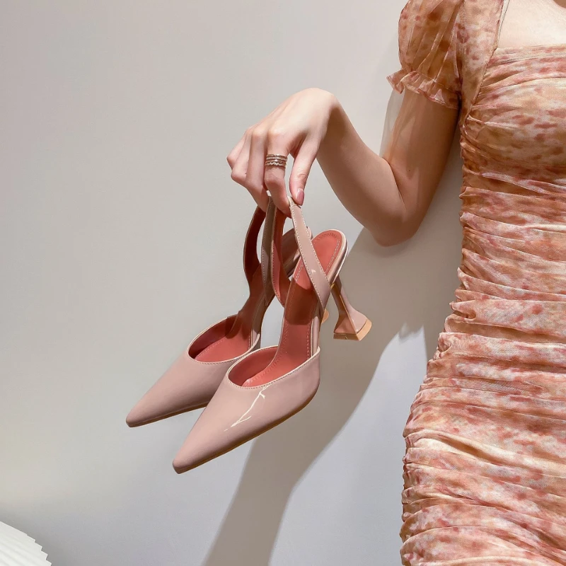 

Pointed Patent Leather Wine Glass Heel High Heels Women's 2021 Summer New Korean Style Hollow Closed Toe Elastic Strap Sandals
