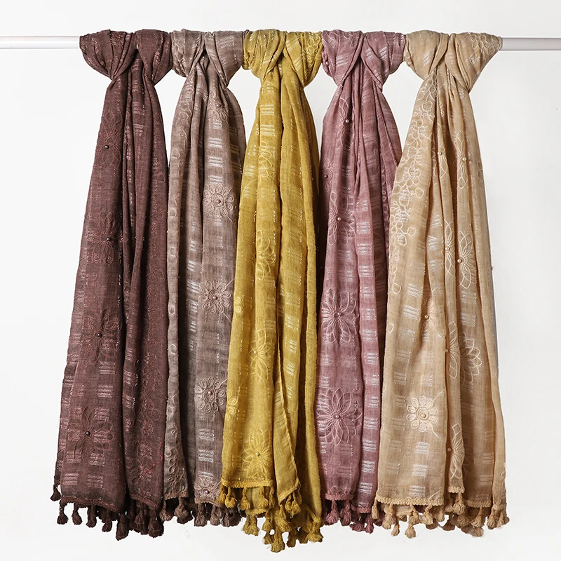 

Fashion Women Pure Color Scarf Cotton Linen Beaded Pearl Headband Embroidered Pom Pom Hanging Tassel Muslim 10pcs/lot COLOR 12