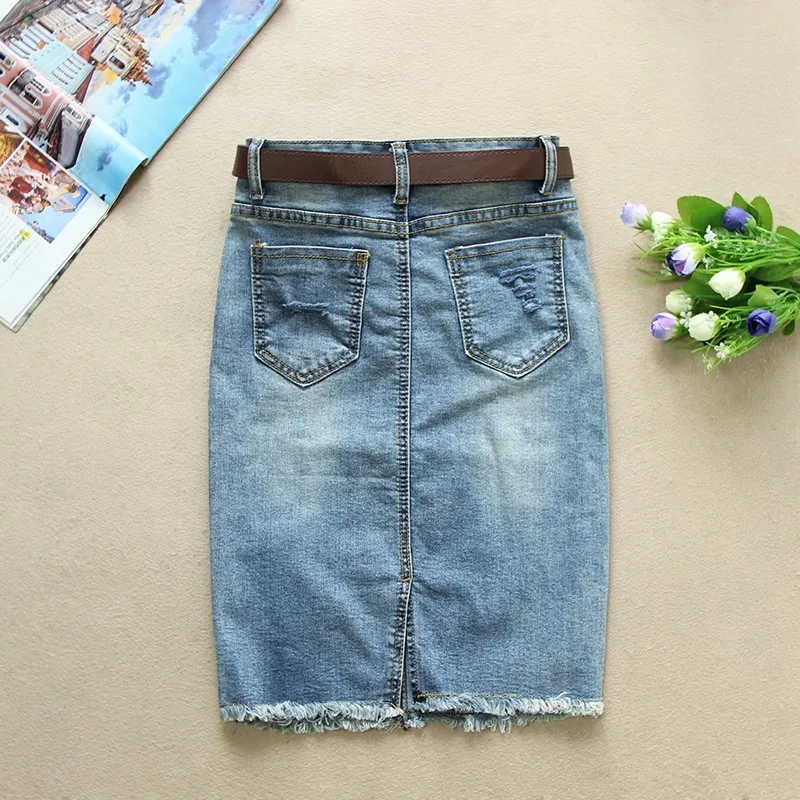 Джинсовая женская облегающая юбка модная пикантная однобортная джинсовая