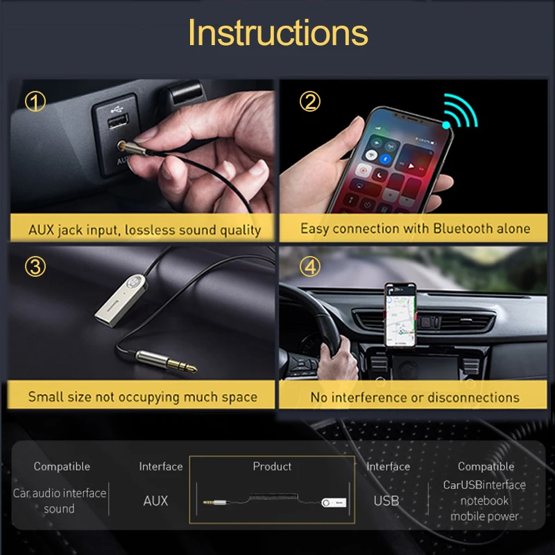 Aux Bluetooth адаптер Baseus для автомобиля разъем 3 5 мм USB 0 приемник динамик