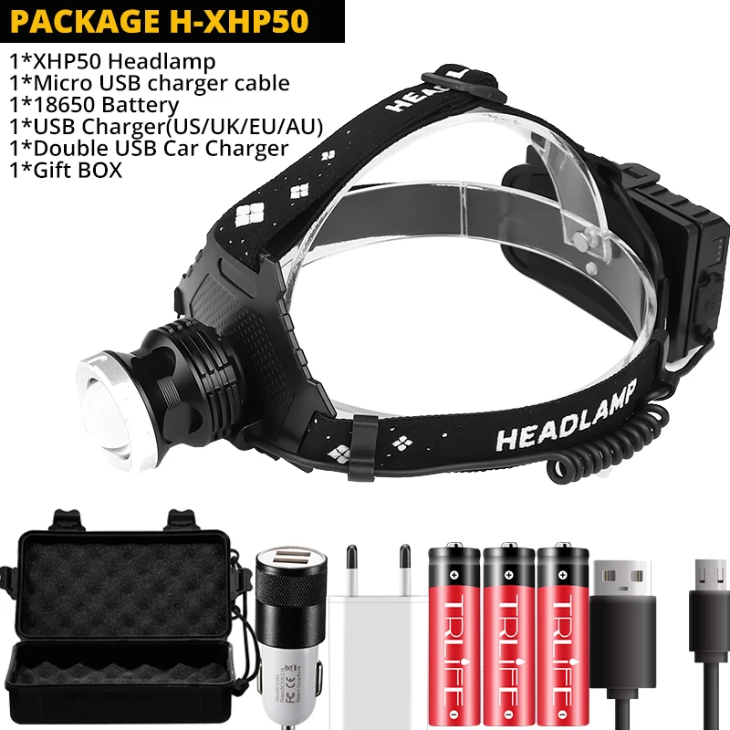 Option H Самый мощный XHP70.2 USB Перезаряжаемый светодиодный налобный фонарь очень яркий фонарь XHP50 Охота Велоспорт Lanterna Водонепроницаемый использование 3x18650 - Испускаемый цвет: Option H