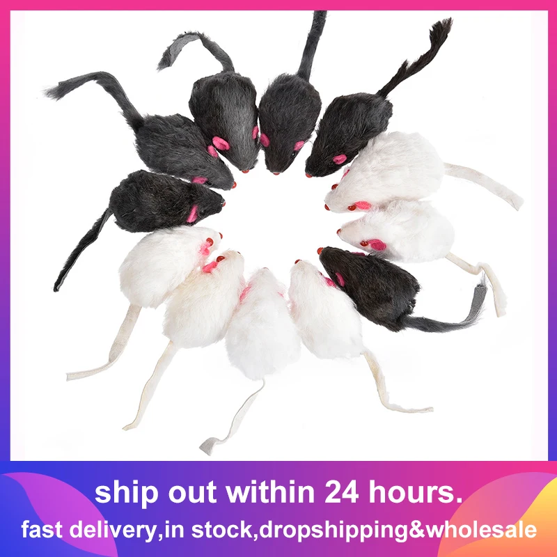 

12PCS Cat Toy Mouse Real Fur Mixed Loaded Black White Mouse Toys Cat Teaser Kitty Kitten Funny Sound Squeaky Toys for Cats