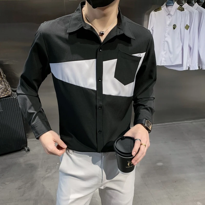 2021 Autumn Splicing Shirt for Men Long Sleeve Slim Streetwear Social Casual Shirt Nightclub Party Male Clothing Chemise Homme