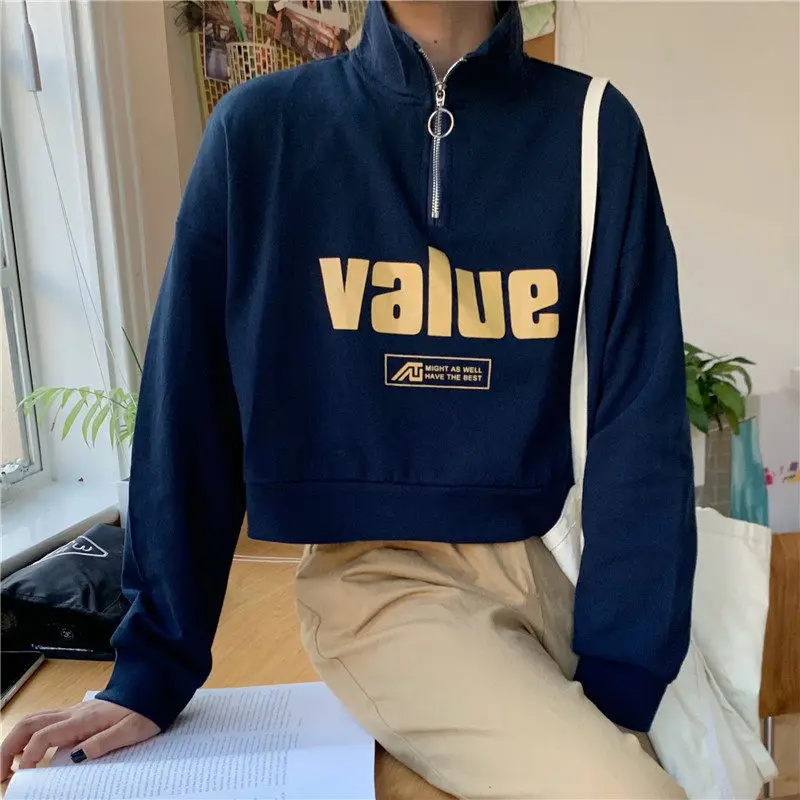 

Cotton Casual Zipper Turtleneck Woman Sweatshirts Letter Printing LOOSE Pullovers Spring and Autumn Tops Women's Clothing